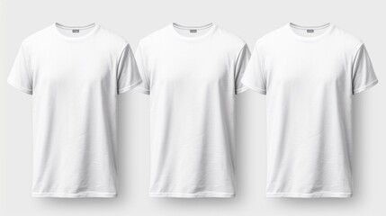 Set of white tee t shirt round neck front. back and side view on transparent background cutout. PNG file. Mockup template for artwork graphic design. - obrazy, fototapety, plakaty