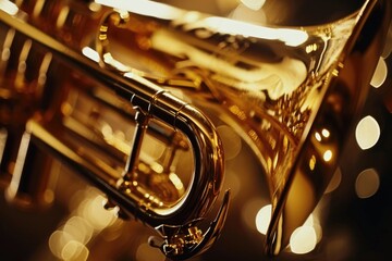 A detailed view of a brass instrument with vibrant lights in the background. This image can be used to depict the energy and excitement of live music performances or jazz concerts - obrazy, fototapety, plakaty