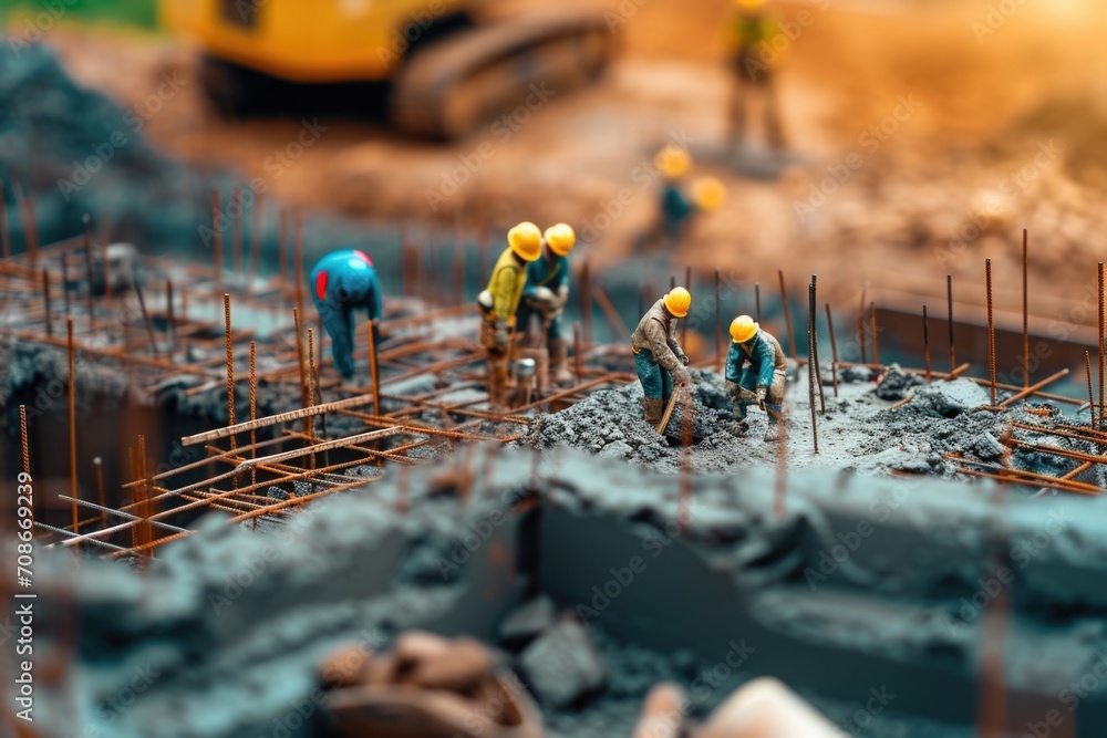 Poster construction workers diligently working on a construction site. suitable for illustrating constructi