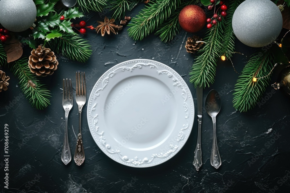 Poster a simple image of a plate with a fork and knife on a table. perfect for food-related designs or rest