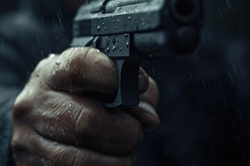A person holding a gun in the rain. Suitable for crime, thriller, or action-related themes