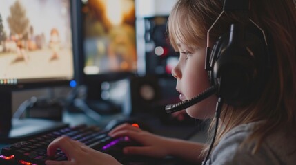 A little girl wearing headphones playing a video game. Perfect for illustrating the joy of gaming or technology-related articles