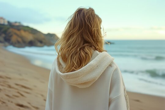 A woman standing on a beach, gazing out at the vast ocean. This image can be used to depict serenity and contemplation
