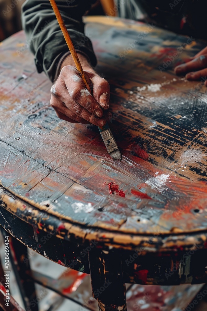 Aufkleber a person is seen holding a paintbrush on top of a wooden table. this image can be used for various c