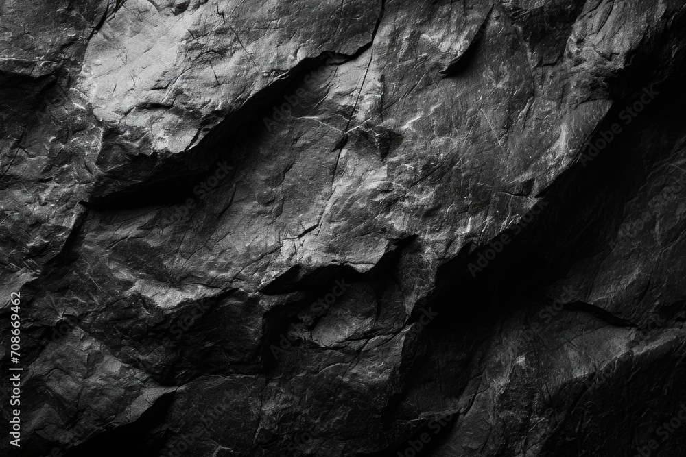 Poster A black and white photo showcasing a rugged rock face. Ideal for adding texture and depth to design projects