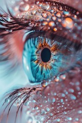A close-up view of a person's eye with glistening water droplets. Perfect for capturing the beauty and intricacy of the human eye. Ideal for use in healthcare, beauty, or expressive art projects