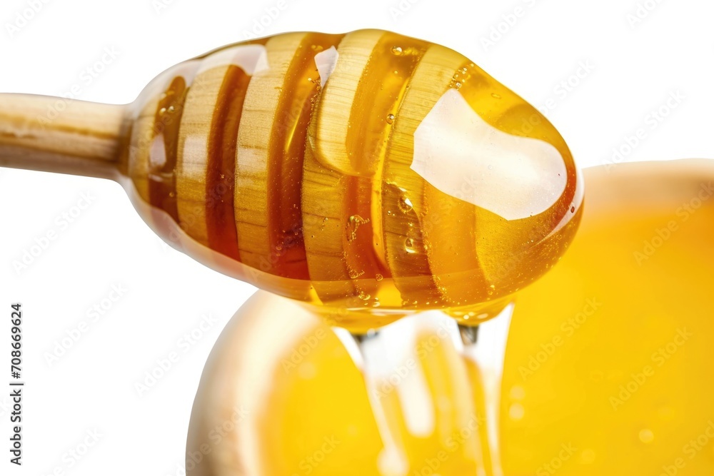 Poster A close-up photograph of a wooden spoon with honey dripping from it. Perfect for food and cooking-related projects