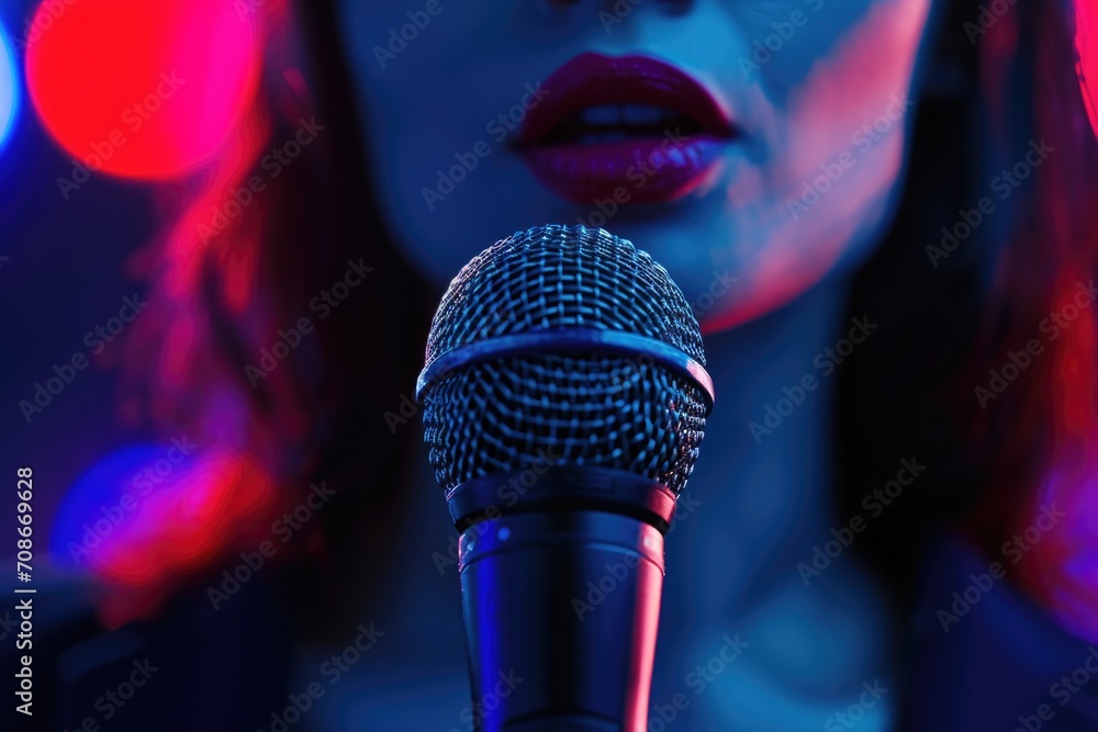 Poster a close-up view of a person holding a microphone. this image can be used for various purposes, such 