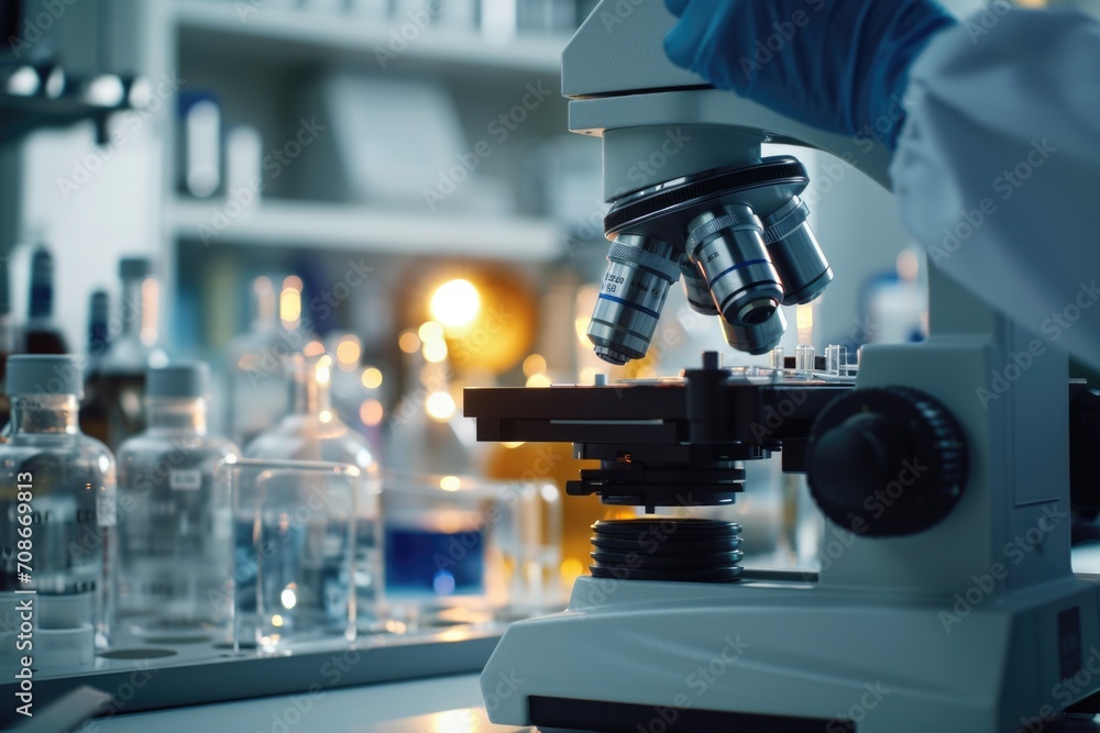 Aufkleber a person in a lab coat is carefully looking through a microscope. this image can be used to represen