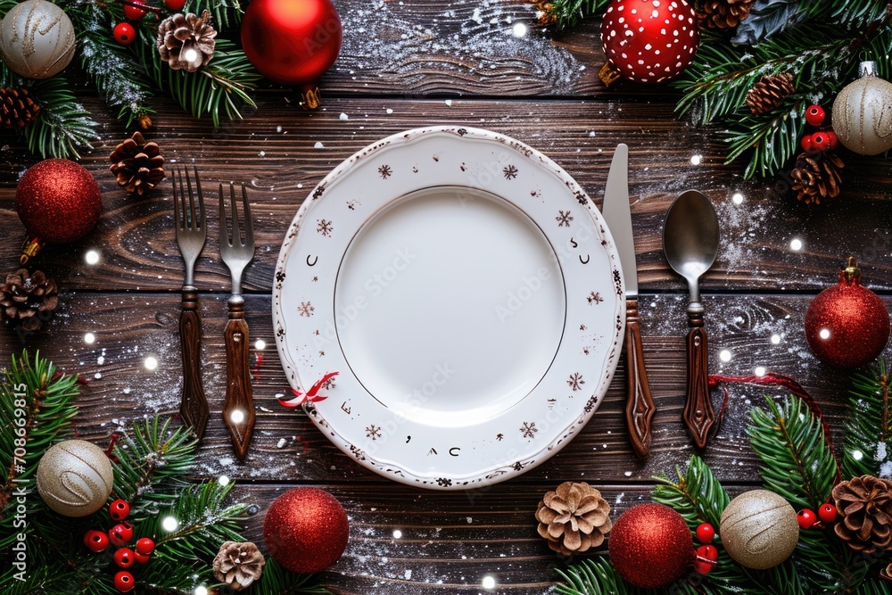 Poster a white plate is placed on top of a wooden table. this versatile image can be used in various contex