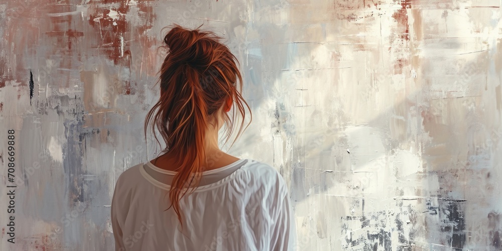 Poster a painting of a woman standing in front of a wall. suitable for various artistic projects