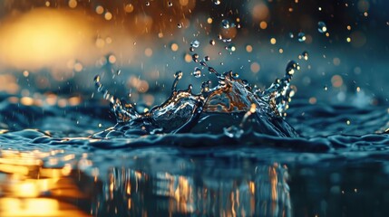 A splash of water captured on the surface of a body of water. This image can be used to depict the energy and movement of water or to symbolize refreshing and rejuvenation