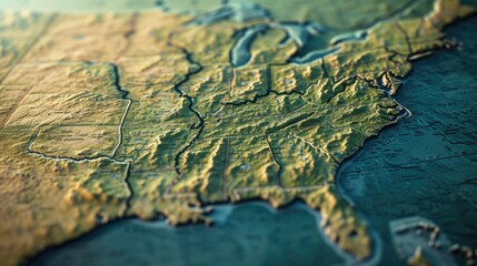 Fototapeta premium A detailed close-up view of a map displaying the United States. This image can be used for educational purposes or to illustrate geographic locations