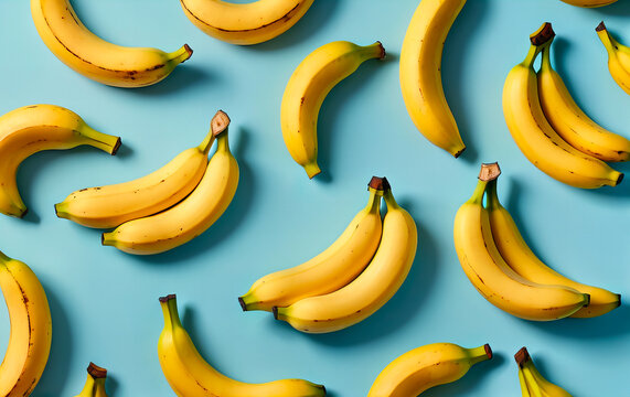 healthy yellow bananas pattern on a pastel blue background