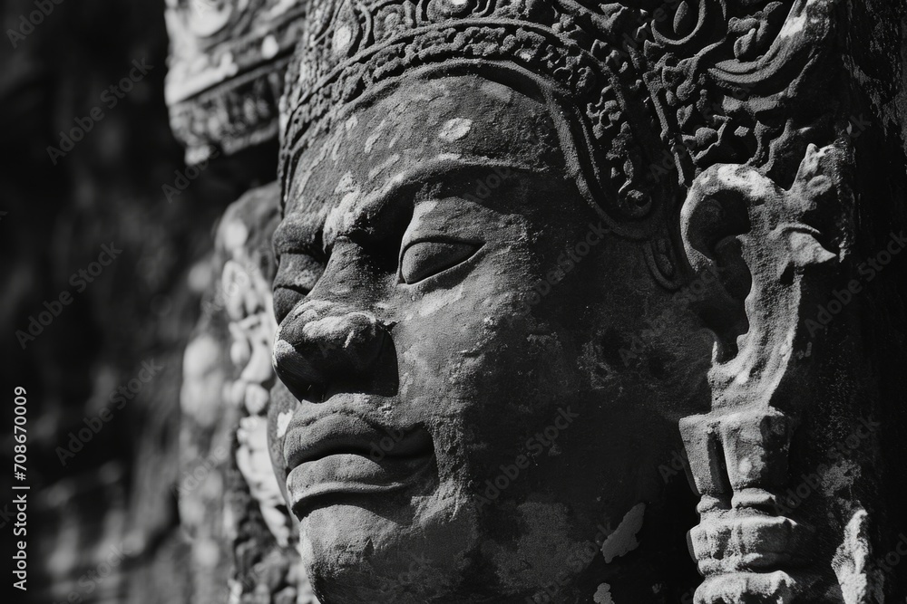 Poster A close-up view of a statue's face. This image can be used for various purposes