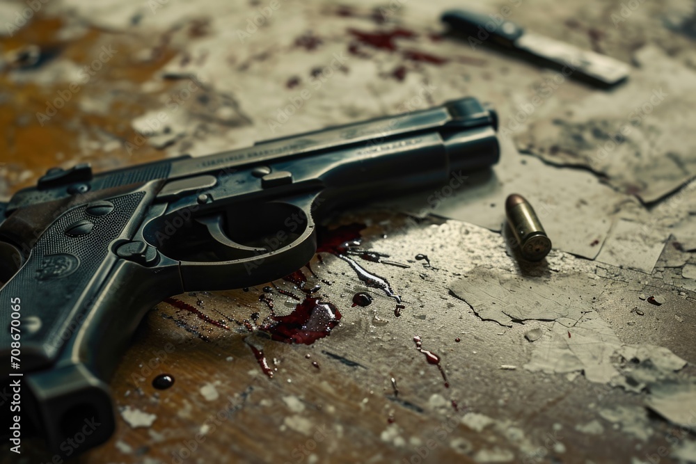 Poster gun and bullet placed on a table. suitable for crime, investigation, and security concepts