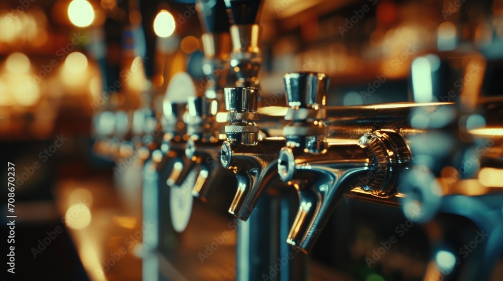 Poster A row of beer taps on a bar counter. Perfect for illustrating a pub or brewery setting