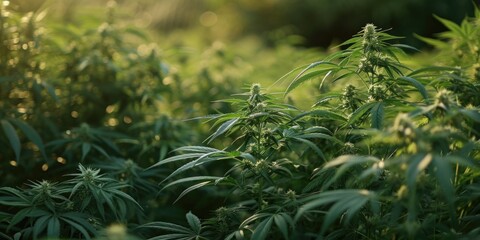 Fototapeta premium A field of marijuana plants illuminated by the sun. Suitable for cannabis cultivation or drug-related themes