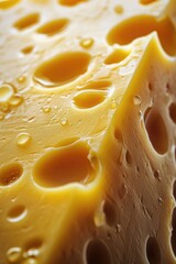 A detailed close-up of a piece of cheese with distinctive holes. Suitable for various culinary and food-related projects