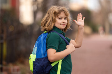 Naklejka premium Pupil getting on the school bus. American School. Back to school. Kid of primary school. Happy children ready to study.