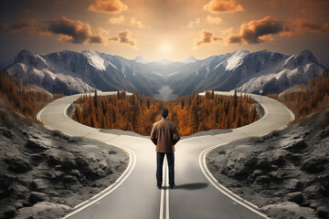 Man Contemplating Choices, Hoping for the Best, and Taking a Chance at the Intersection of Two Roads Crossroads of Decision - obrazy, fototapety, plakaty