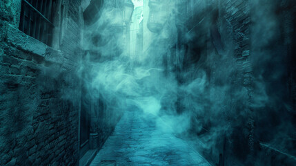 Mystical Alleyway Entrance: A narrow alley with a shimmering, smoke-filled portal, casting a mysterious glow. Perfect for mystery novel covers or atmospheric video game levels. ai generated.