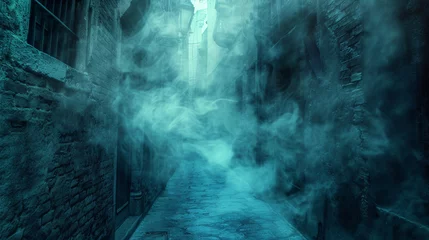 Photo sur Plexiglas Ruelle étroite Mystical Alleyway Entrance: A narrow alley with a shimmering, smoke-filled portal, casting a mysterious glow. Perfect for mystery novel covers or atmospheric video game levels. ai generated.