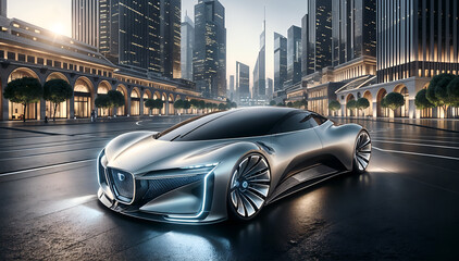 Luxury Futuristic Car in an Upscale Cityscape