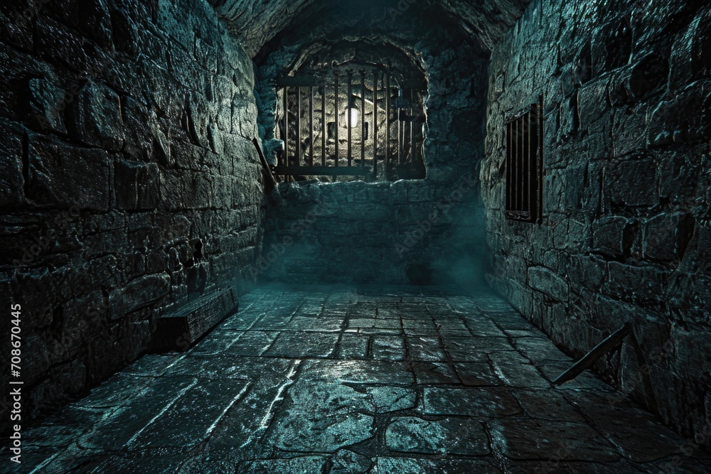 Poster a dimly lit room with a barred window. this image can be used to portray confinement, isolation, or 