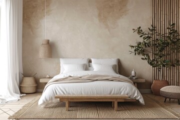 Minimalist Scandinavian Bedroom Interior with Beige Stucco Wall and Modern Design