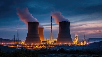 Nighttime Glow: Nuclear Power Plant Illuminated in the Dark