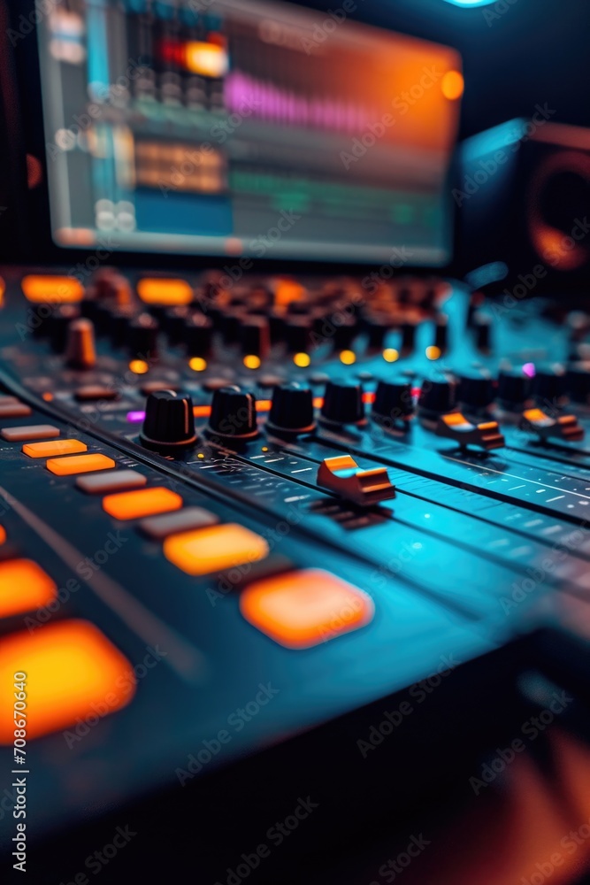 Aufkleber A detailed view of a sound board in a recording studio. This image can be used to depict the process of audio recording and production