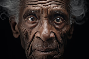 Obraz premium Portrait of an Elderly Black Person with Eyes Revealing Generations of Strength and Wrinkled Wisdom - A Tribute to Black History Month Reflecting Strength