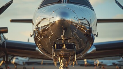 A detailed close-up of an airplane nose. This image can be used to illustrate aviation, travel, transportation, or technology