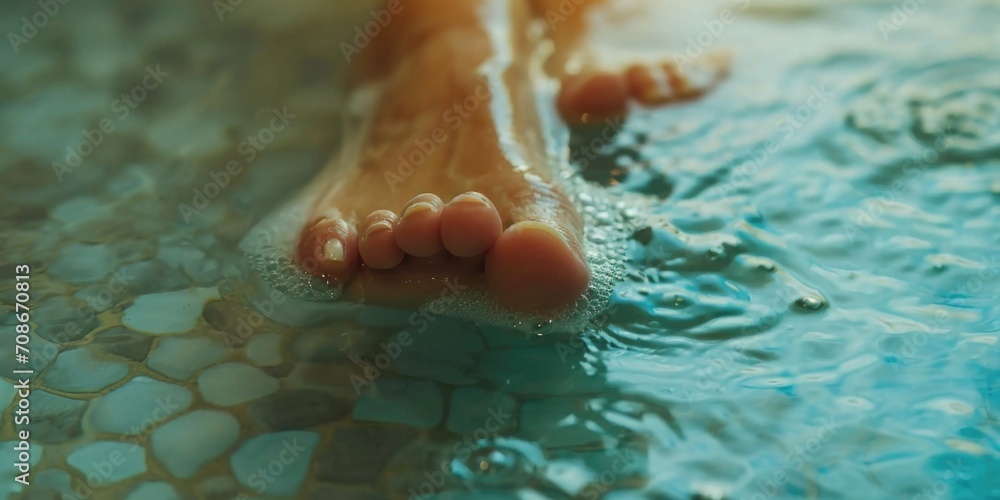 Poster a picture of a person's feet submerged in a pool of water. perfect for summer themes or relaxation c
