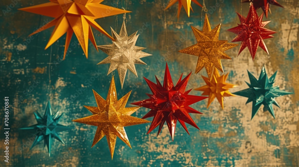 Poster A bunch of paper stars hanging from the ceiling. Perfect for adding a touch of whimsy to any event or space