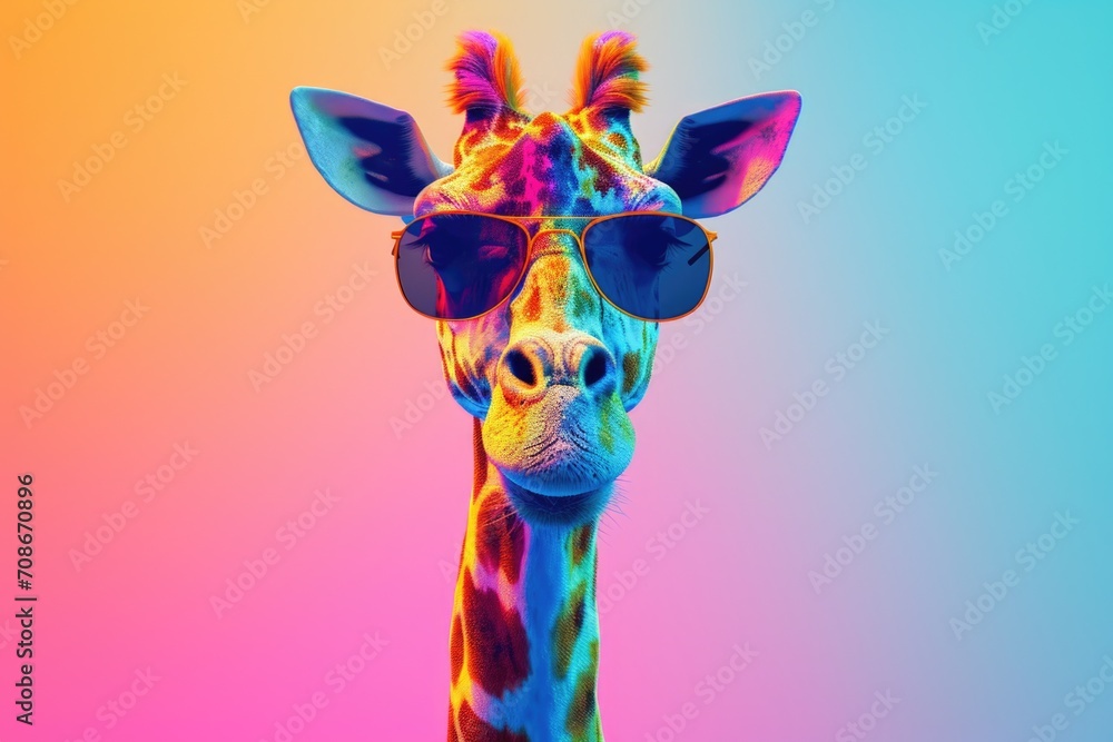 Sticker A giraffe wearing sunglasses stands out on a vibrant and colorful background. Perfect for adding a fun and quirky touch to any project