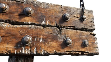 A detailed close-up of a wooden sign with rivets. This versatile image can be used in various design projects and themes