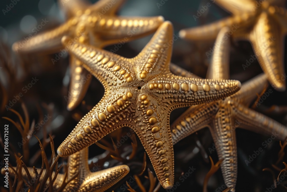 Aufkleber a close-up view of a group of gold starfish. this versatile image can be used for various purposes