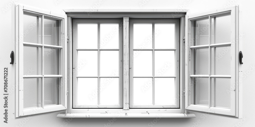 Poster A simple and elegant open window with white shutters against a white wall. Perfect for adding a touch of brightness and charm to any interior or architectural design project