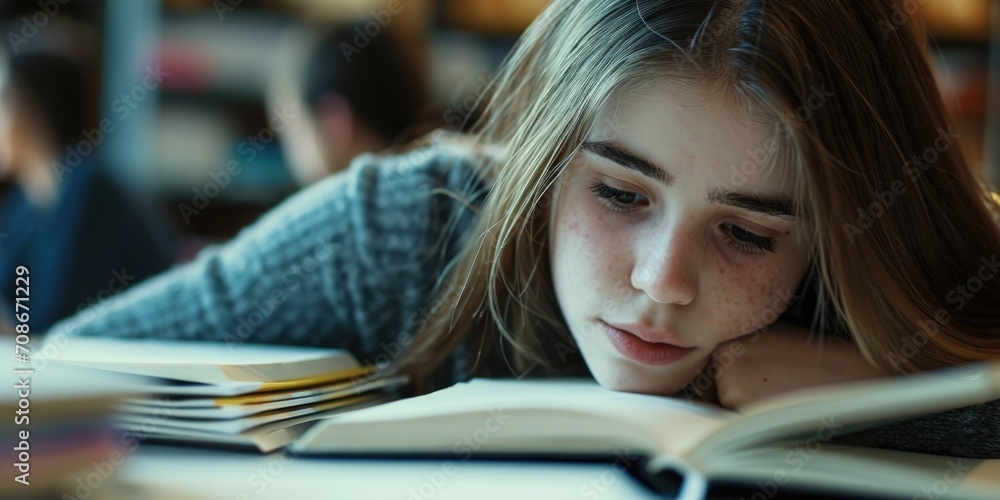 Poster a girl is seen reading a book in a quiet library. this image can be used to depict the joy of readin