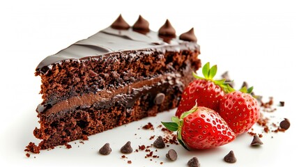 Slice of chocolate cake with strawberry isolated on white background