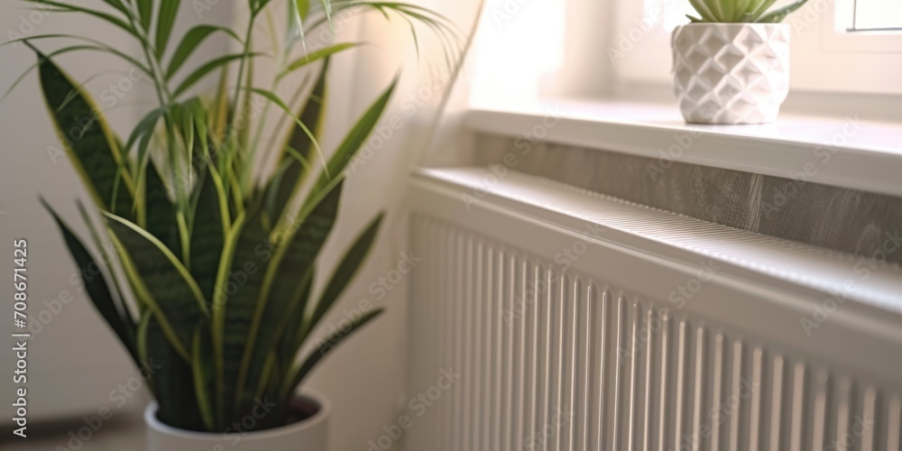 Poster a potted plant sitting on a window sill next to a radiator. perfect for adding a touch of greenery t
