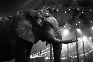 A majestic elephant wearing a crown, performing in a circus. Perfect for capturing the grandeur and elegance of circus acts.