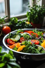 A bowl filled with an assortment of fresh vegetables placed next to a window. Perfect for healthy eating and cooking inspiration