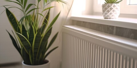 A potted plant sitting on a window sill next to a radiator. Perfect for adding a touch of greenery to any room.