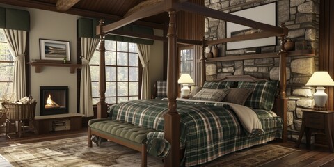 Fototapeta na wymiar A cozy bedroom with a four poster bed and a fireplace. Perfect for creating a warm and inviting atmosphere. Ideal for interior design projects or showcasing home decor ideas