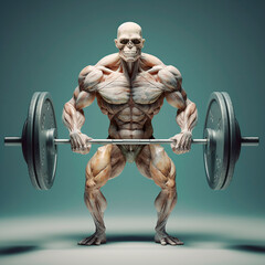 Fototapeta na wymiar The structure of the human muscular system, a person without skin lifts the barbell, muscles outward 