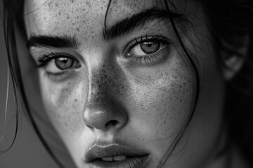 Fototapeta premium A close up of a woman with freckles on her face. This image can be used to promote natural beauty or skincare products