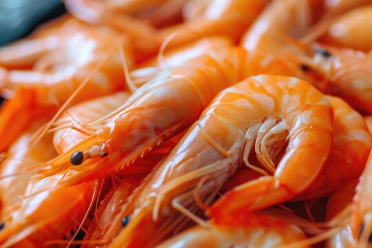 A pile of shrimp stacked on top of each other. Versatile image that can be used for seafood recipes, restaurant menus, or food blogs